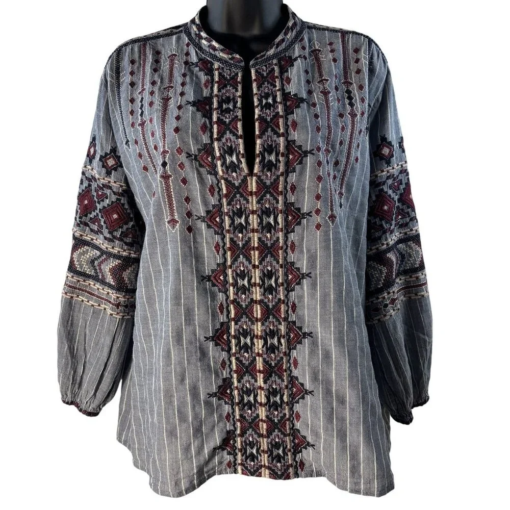 Johnny Was Womens Embroidered Boho Tunic Top Blue Red Long Sleeve Size M - Picture 3 of 10
